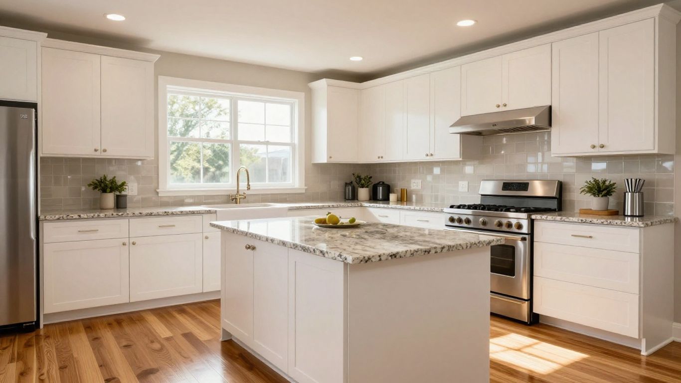 Remodeled kitchen with island and modern appliances.